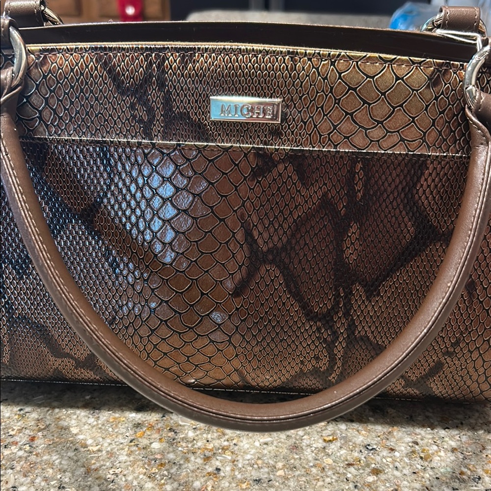 Miche Brown Snakeskin Shoulder Bag with Leather Handles